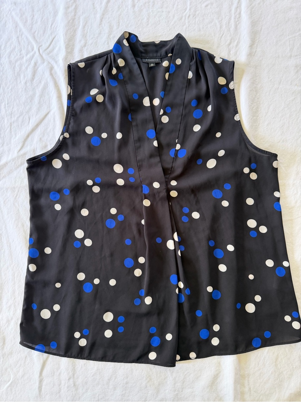Talbots Black Sleeveless V-Neck Shell with Blue & White Polka Dots